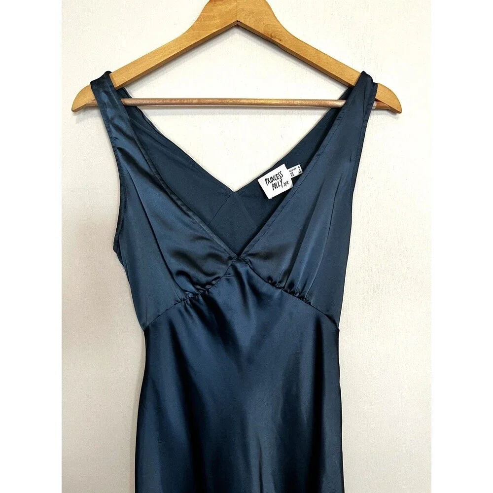 Princess Polly Blue Satin Slip Dress with Lace Trim Size 4
